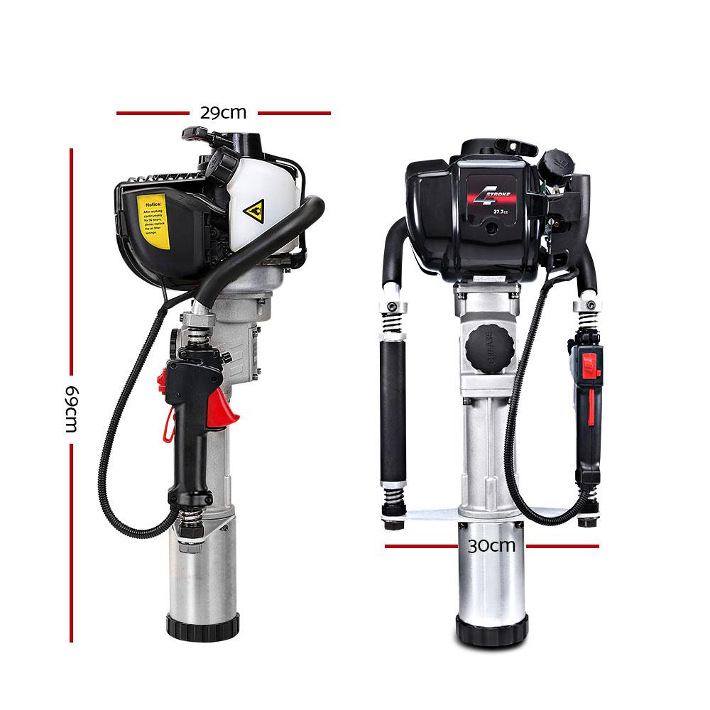 Giantz 4-Stroke Petrol Post Driver with rubber grip handles and driver sleeves, designed for driving posts into the ground.